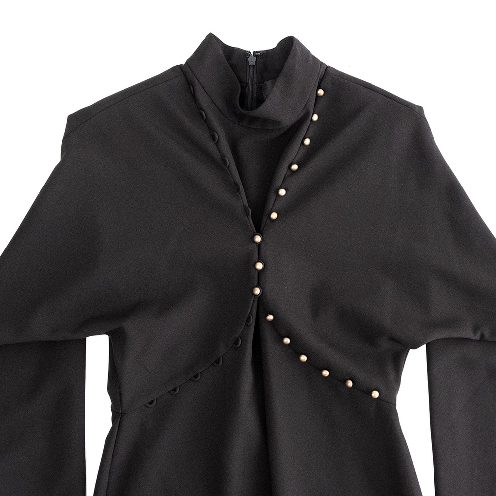 Nicole Miller Black Puff Sleeve Button Dress Mock Neck Women's $395 - Size 10 - Picture 10 of 14